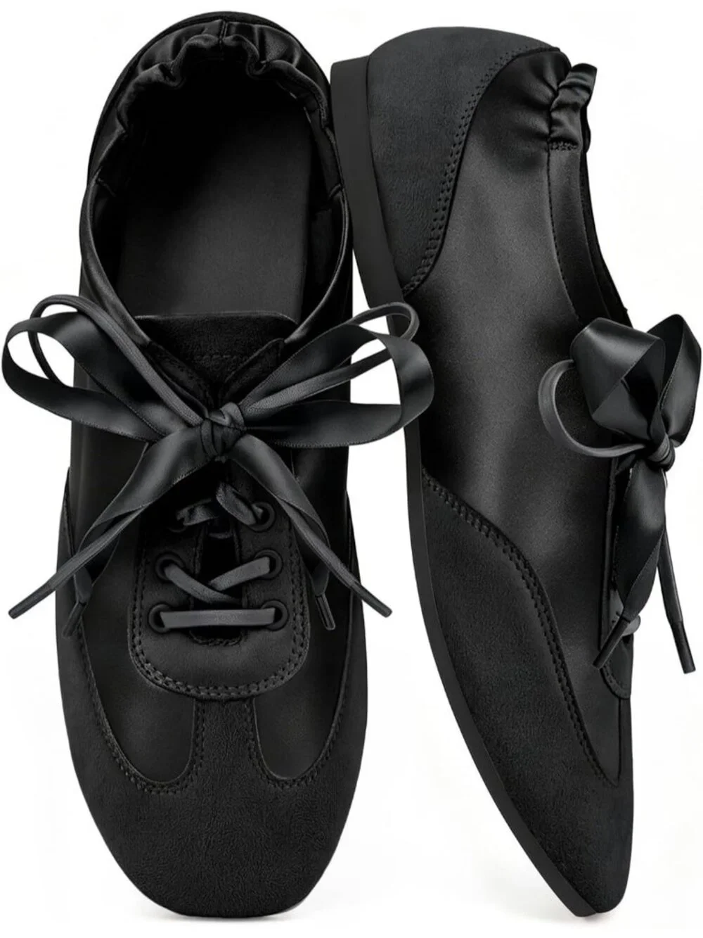 Women's Black Satin Lace Up Lightweight Slim Comfort Ballerina Flat Sneakers